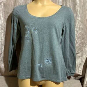 Ann Taylor LOFT Top Knit Blouse Gray Beaded Size L Stretchy